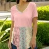 Lily | Pink & Mint Floral Patchwork Short-Sleeve V-Neck Tunic - Plus