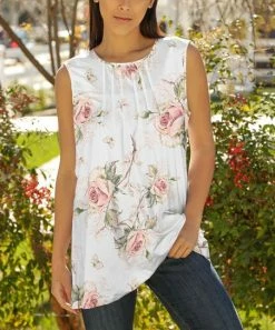Lily | White & Pink Rose Pleated Sleeveless Tunic - Plus