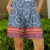 Lily | Blue & Red Mandala Floral Tie-Waist Pocket Shorts - Women