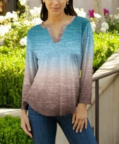 Lily | Aqua & Gray Ombré Long-Sleeve Notch Neck Top - Women & Plus