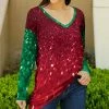 Lily | Red & Green Shimmer Long-Sleeve V-Neck Tunic - Women