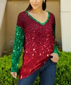 Lily | Red & Green Shimmer Long-Sleeve V-Neck Tunic - Women