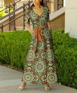 Lily | Orange & Mint Mandala Tie-Waist Pocket Maxi Dress - Women