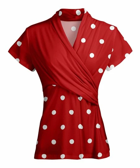 Lily | Red & White Polka Dot Short-Sleeve Wrap Tunic - Women 1 Lily | Red & White Polka Dot Short-Sleeve Wrap Tunic - Women