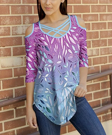 Lily | Aqua & Purple Ombré Leaf Crisscross Cutout Tunic - Women 1 Lily | Aqua & Purple Ombré Leaf Crisscross Cutout Tunic - Women