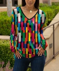 Lily | Black & Red Geometric Long-Sleeve V-Neck Tunic - Women & Plus