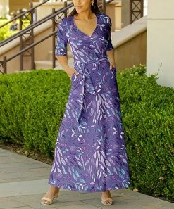 Lily | Purple & Lavender Leaves Tie-Waist Wrap Maxi Dress - Women