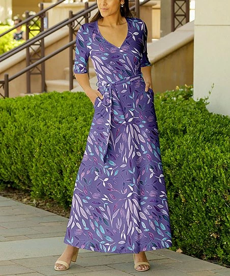 Lily | Purple & Lavender Leaves Tie-Waist Wrap Maxi Dress - Women 1 Lily | Purple & Lavender Leaves Tie-Waist Wrap Maxi Dress - Women
