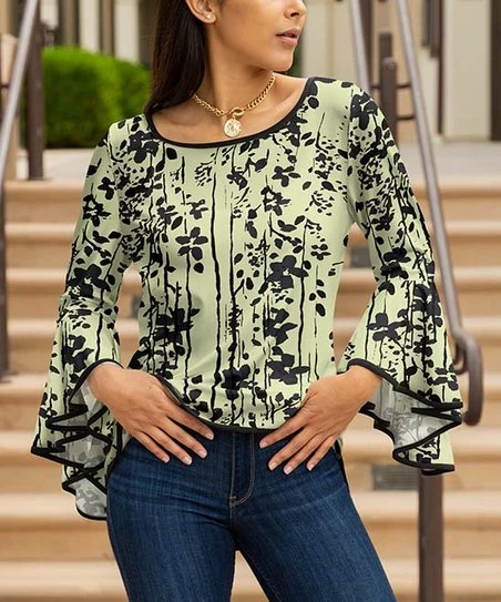 Lily | Mint & Black Floral Stripe Bell-Sleeve Boatneck Tunic - Women 1 Lily | Mint & Black Floral Stripe Bell-Sleeve Boatneck Tunic - Women