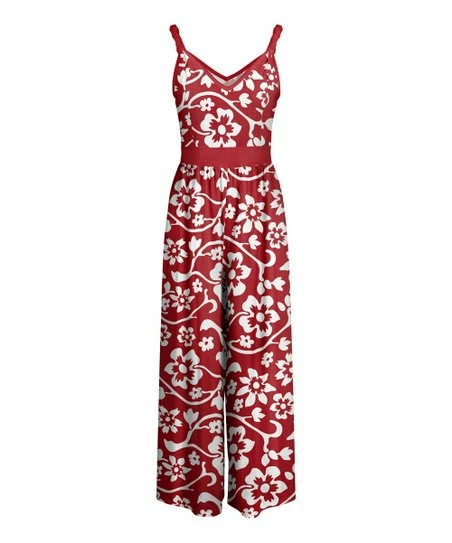Lily | Red & White Floral Sleeveless V-Neck Jumpsuit - Women 1 Lily | Red & White Floral Sleeveless V-Neck Jumpsuit - Women