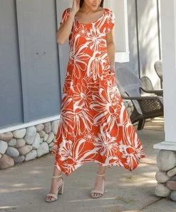 Lily | Orange & White Floral Handkerchief-Hem Maxi Dress - Plus