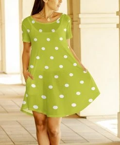 Lily | Green & White Dot Short-Sleeve Swing Dress - Women