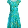 Lily | Turquoise & Yellow Leaf Cap-Sleeve A-Line Dress - Women