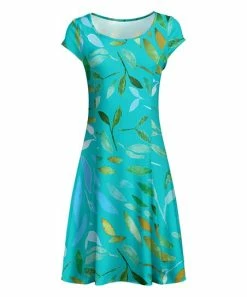 Lily | Turquoise & Yellow Leaf Cap-Sleeve A-Line Dress - Women