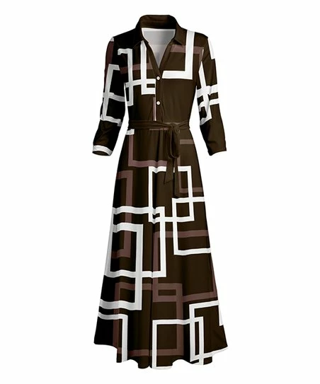 Lily | Brown & White Square Tie-Waist Button-Front Maxi Dress - Women 1 Lily | Brown & White Square Tie-Waist Button-Front Maxi Dress - Women