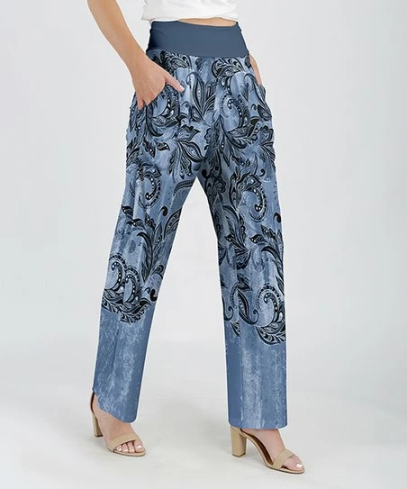 Lily | Blue & Black Scroll Pocket Straight-Leg Pants - Women 1 Lily | Blue & Black Scroll Pocket Straight-Leg Pants - Women