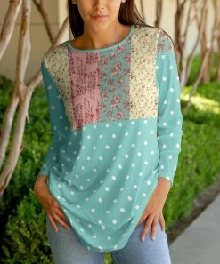 Lily | Aqua Multicolor Floral Patchwork Long-Sleeve Tunic - Women