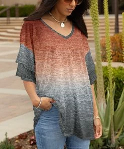 Lily | Rust & Gray Ombré Double Flutter-Sleeve V-Neck Tunic - Plus