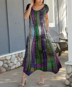 Lily | Green & Purple Stained Glass-Print Pocket Handkerchief Dress - Plus
