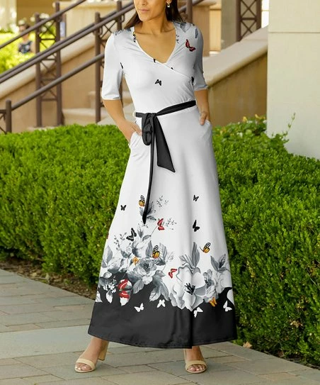Lily | Black & White Floral Tie-Waist Pocket Maxi Dress - Plus 1 Lily | Black & White Floral Tie-Waist Pocket Maxi Dress - Plus