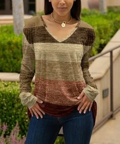 Lily | Beige & Brown Stripe Long-Sleeve V-Neck Tunic - Women & Plus