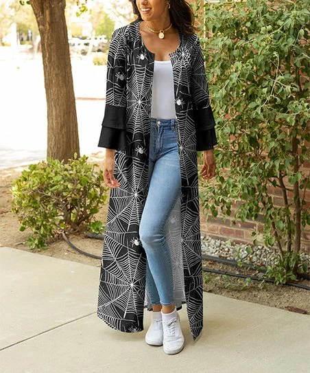 Lily | Black & White Spider & Web Ruffle-Sleeve Duster - Women 1 Lily | Black & White Spider & Web Ruffle-Sleeve Duster - Women