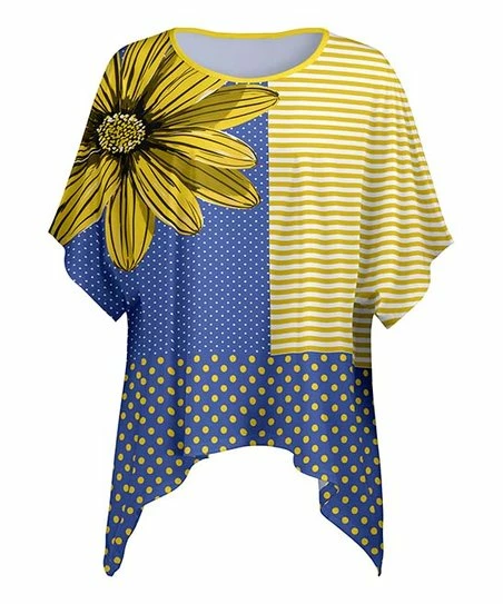 Lily | Blue & Yellow Stripe Color Block Dolman-Sleeve Handkerchief Tunic - Women 1 Lily | Blue & Yellow Stripe Color Block Dolman-Sleeve Handkerchief Tunic - Women