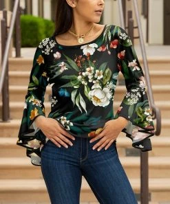 Lily | Black & Green Floral Bell-Sleeve Boatneck Tunic - Plus