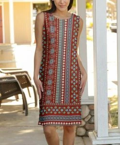 Lily | Rust Blue Abstract Stripe Sleeveless Dress - Plus