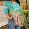 Lily | Aqua & Brown Leaf Layered-Sleeve V-Neck Tunic - Plus