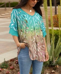 Lily | Aqua & Brown Leaf Layered-Sleeve V-Neck Tunic - Plus
