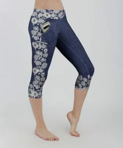 Lily | Blue & Cream Floral Pocket Capri Leggings - Women
