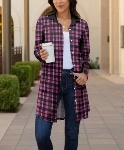 Lily | Purple & Black Plaid Collared Longline Jacket - Women