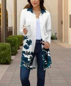 Lily | White & Navy Floral Collared Longline Jacket - Women