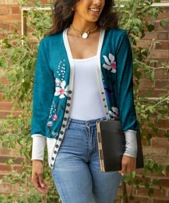 Lily | Teal & Pink Floral Snap Cardigan - Plus