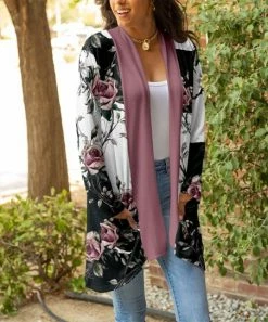 Lily | Black & Pink Floral Pocket Open Cardigan - Women & Plus