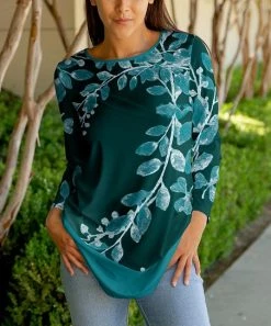 Lily | Teal & Dark Green Foliage Long-Sleeve Tunic - Plus