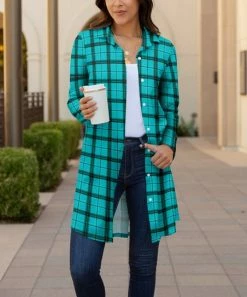 Lily | Mint & Black Plaid Collared Longline Jacket - Women