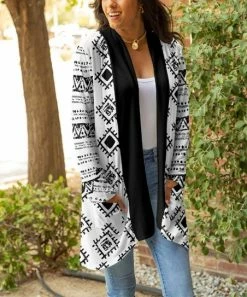 Lily | White & Black Geometric Pocket Open Cardigan - Women & Plus