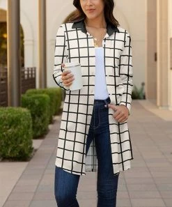 Lily | Black & Cream Windowpane Collared Button-Up Jacket - Women & Plus