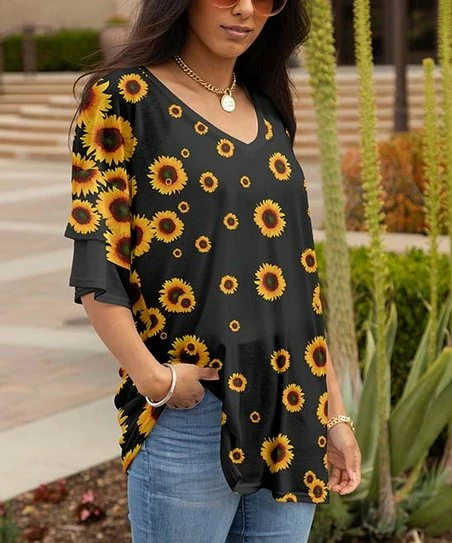 Lily | Black & Yellow Sunflowers Layered Half-Sleeve Tunic - Plus 1 Lily | Black & Yellow Sunflowers Layered Half-Sleeve Tunic - Plus
