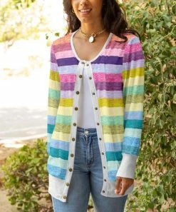 Lily | Pink & Turquoise Stripe Snap-Button Cardigan - Women & Plus