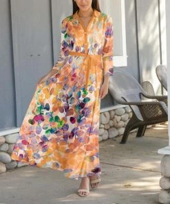 Lily | Orange & White Abstract Button-Up Maxi Dress - Women