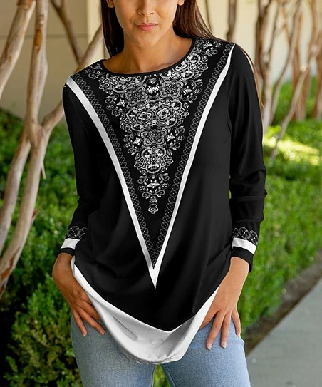 Lily | Black & White Abstract Long-Sleeve Crewneck Tunic - Women & Plus 1 Lily | Black & White Abstract Long-Sleeve Crewneck Tunic - Women & Plus