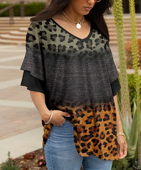 Lily | Gray Leopard Ruffle-Sleeve V-Neck Tunic - Women 1 Lily | Gray Leopard Ruffle-Sleeve V-Neck Tunic - Women