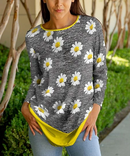 Lily | Gray & Yellow Floral Long-Sleeve Crewneck Tunic - Women 1 Lily | Gray & Yellow Floral Long-Sleeve Crewneck Tunic - Women
