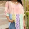 Lily | Pink & Mint Patchwork Ruffle-Sleeve V-Neck Tunic - Plus