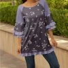 Lily | Gray & Lavender Floral Ruffle-Sleeve Boatneck Tunic - Plus