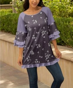 Lily | Gray & Lavender Floral Ruffle-Sleeve Boatneck Tunic - Plus
