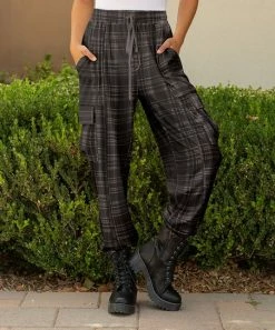 Lily | Black & Gray Plaid Cargo Pants - Plus